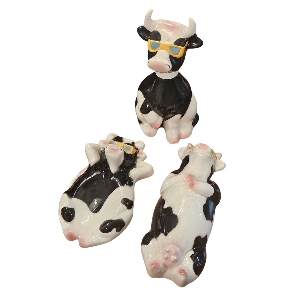 Vintage 1987 Ronnie's Ceramic Cow Soap Dispenser Soap Butter Dish Set Sunglasses